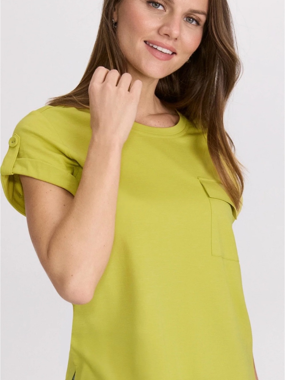 Laura petites Lime Green Short Sleeve Pocket Tee with Roll-Tab Sleeves